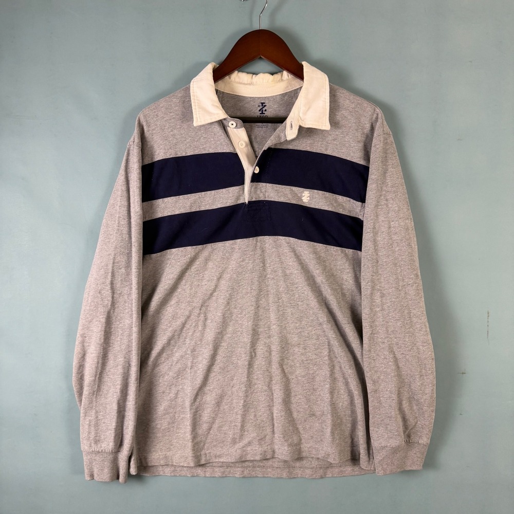 Y2K IZOD Men's L Gray Navy Striped Rugby Polo